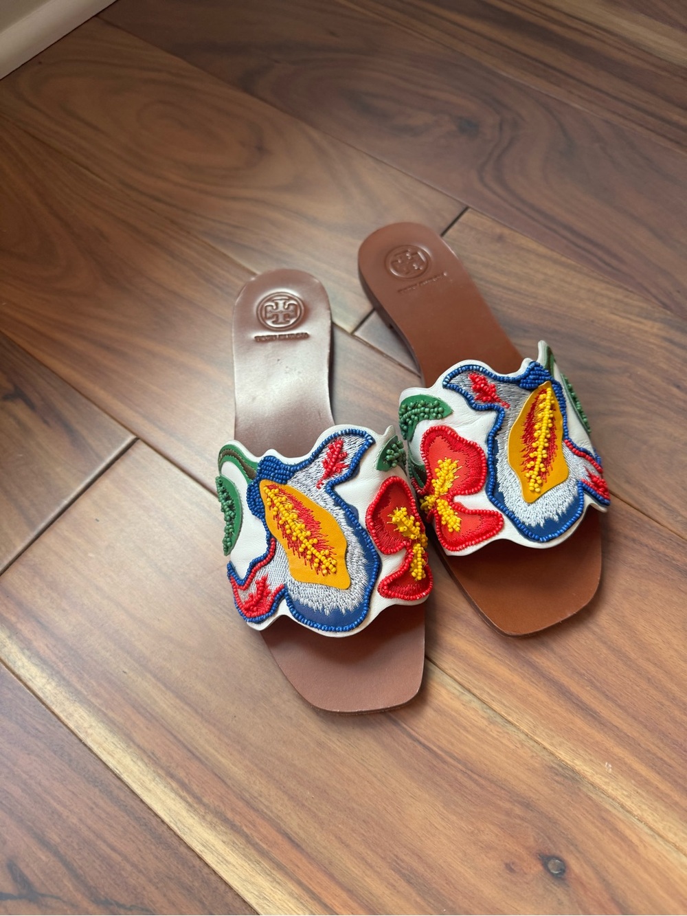 Tory Burch Brown Leather Slide Mules with Multicolor Floral Embroidery